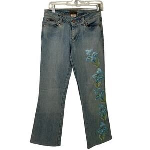 Y2K Floral Embroidered Jeans Low Waisted Flare XOXO Sz 7/8‎ Light Wash Pastel
